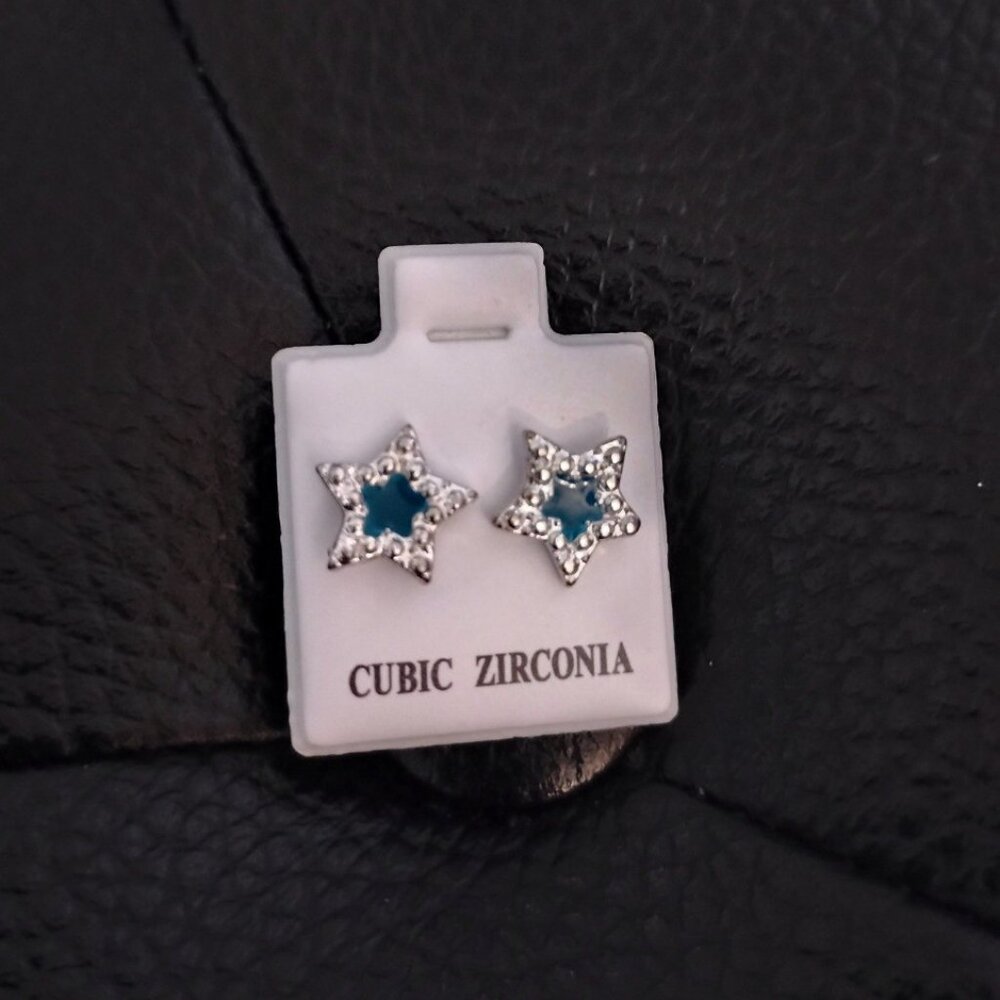 Cubic Zirconia Small Charming Stars Shaped Studs Silver and Turquoise Earrings